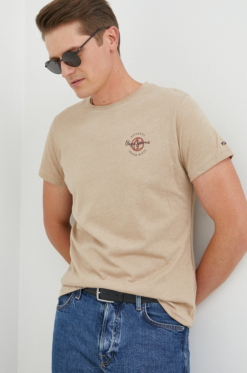 Pepe jeans tricou barbati, culoarea bej, cu imprimeu