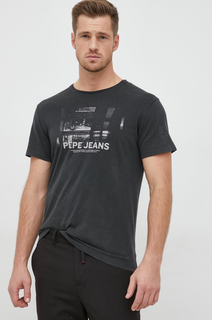 

Хлопковая футболка Pepe Jeans цвет серый с принтом