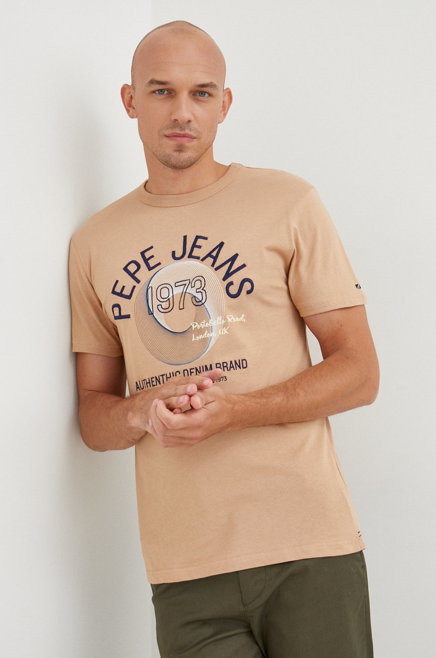

Памучна тениска Pepe Jeans в бежово с апликация, Бежов