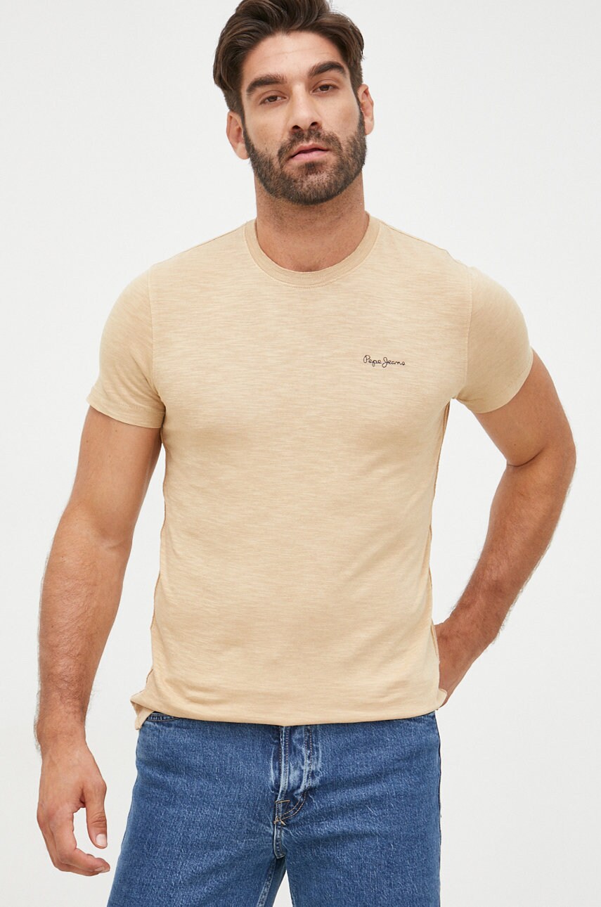 Pepe jeans tricou din bumbac culoarea bej, neted