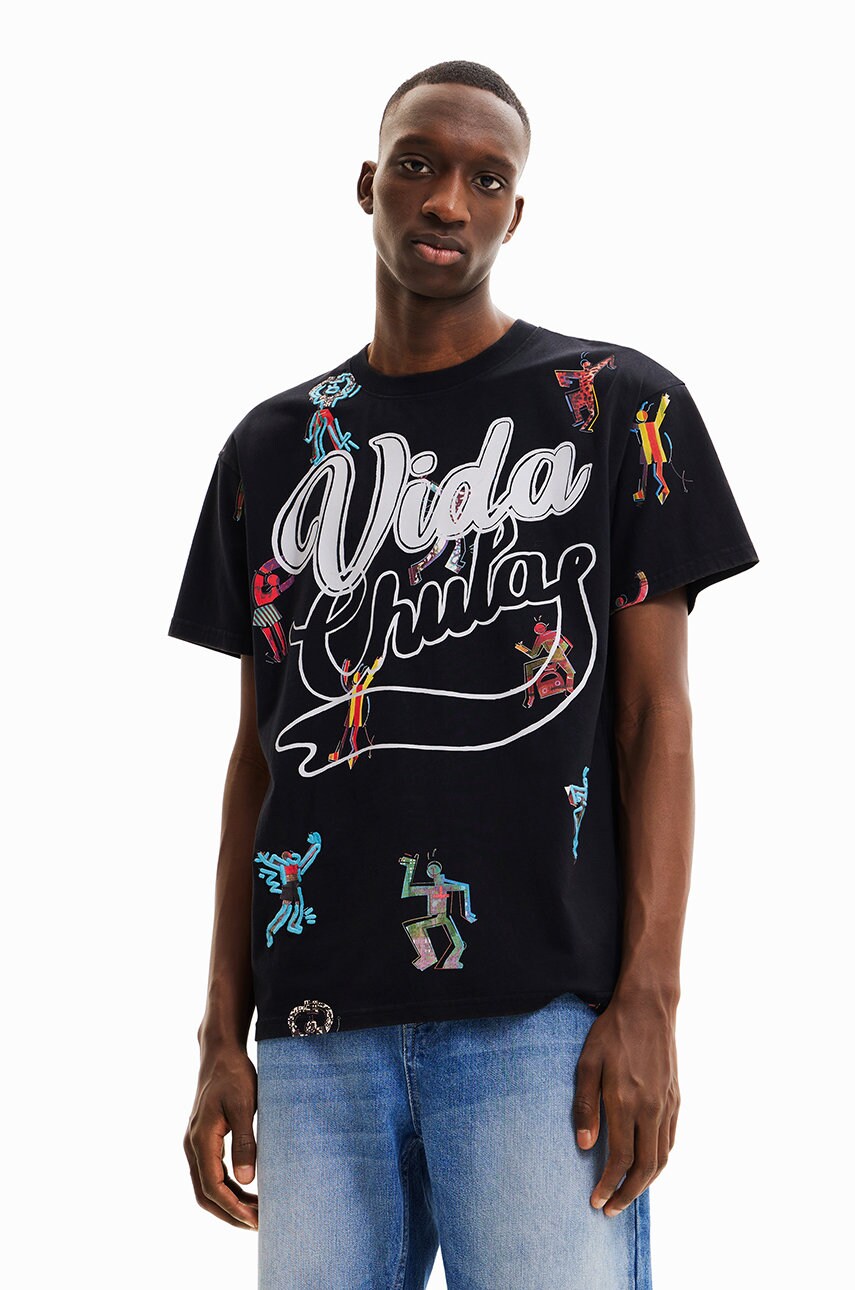 Desigual tricou din bumbac culoarea negru, cu imprimeu