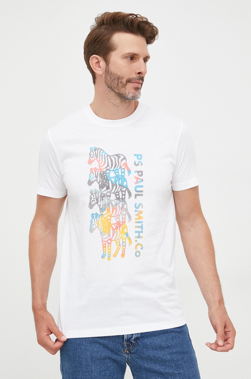 PS Paul Smith tricou din bumbac culoarea alb, cu imprimeu