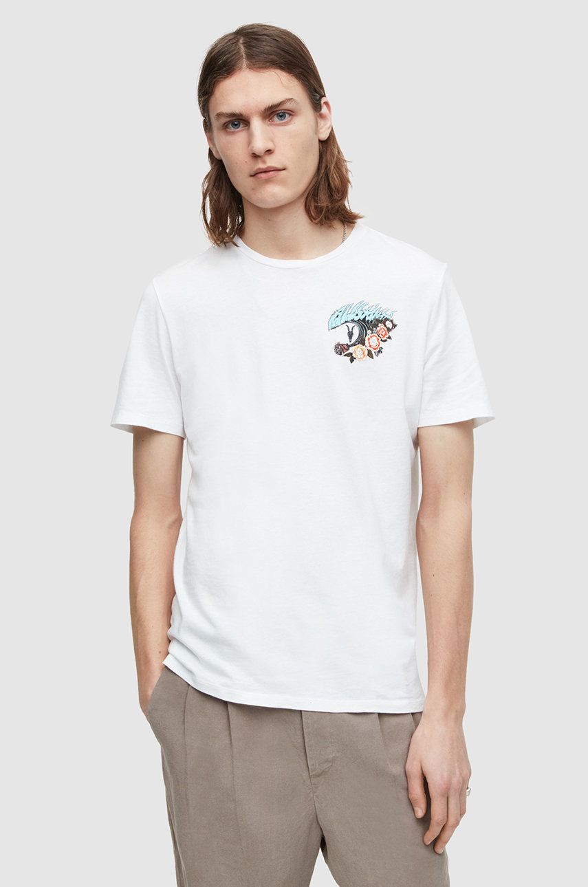 AllSaints tricou din bumbac culoarea alb, cu imprimeu Alb imagine noua