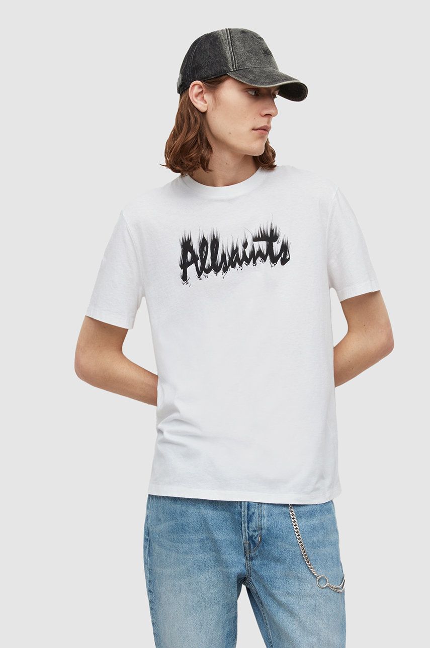 AllSaints tricou din bumbac culoarea alb, cu imprimeu Alb imagine noua