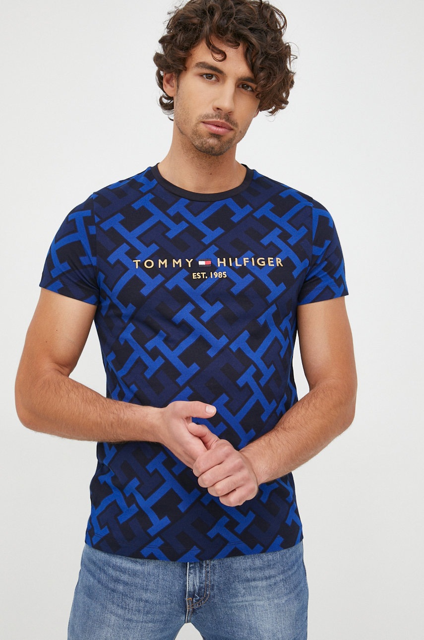 

Памучна тениска Tommy Hilfiger в тъмносиньо с апликация, Тъмносин