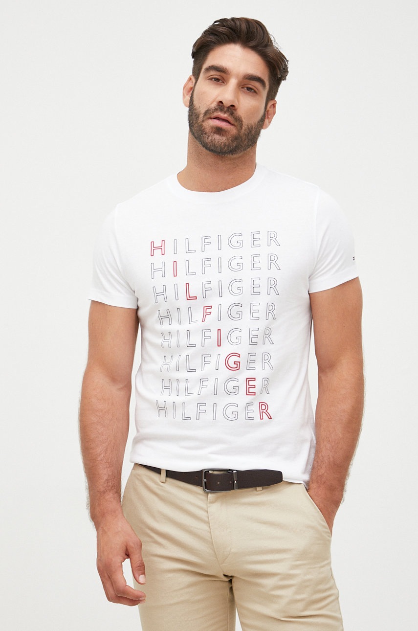 

Памучна тениска Tommy Hilfiger в бяло с принт, Бял