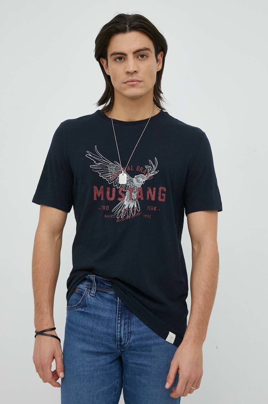 Mustang tricou din bumbac culoarea albastru marin, cu imprimeu