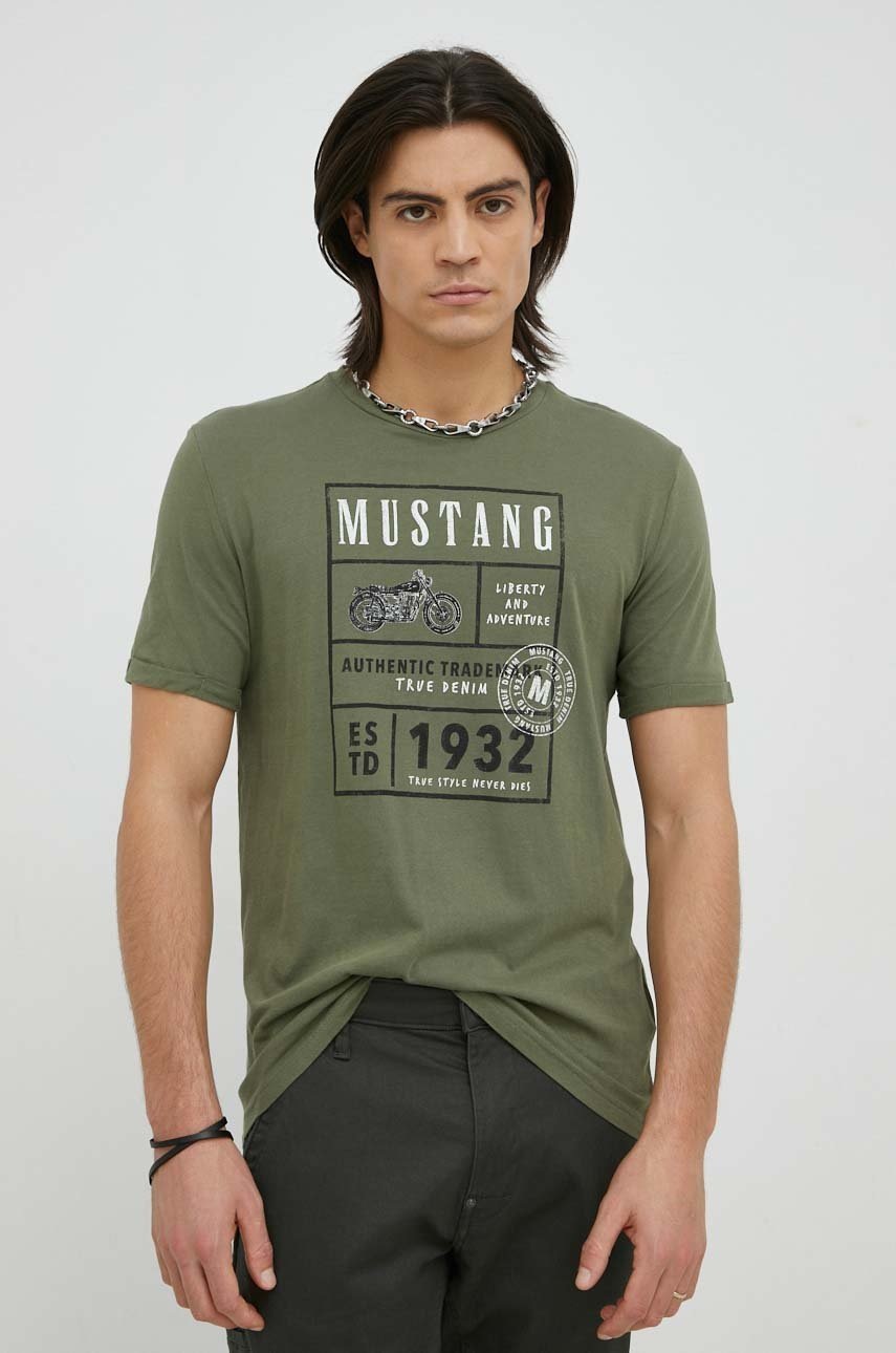 

Памучна тениска Mustang в зелено с принт, Зелен