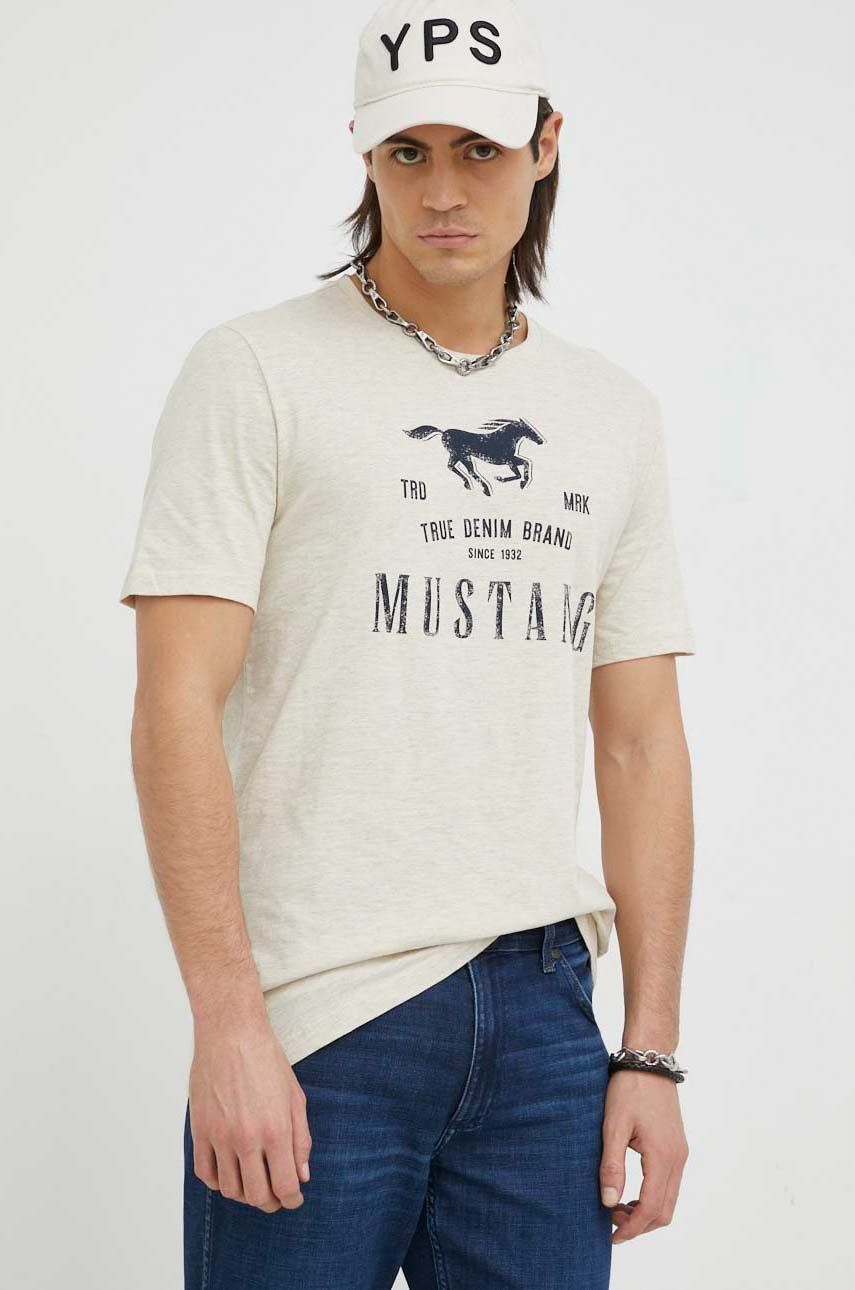 Mustang tricou din bumbac culoarea bej, cu imprimeu
