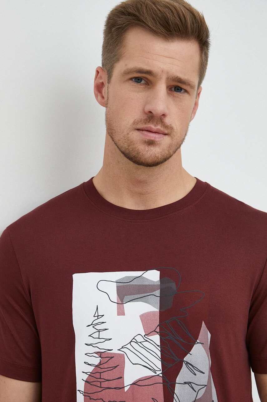 Boss tricou din bumbac culoarea maro, cu imprimeu