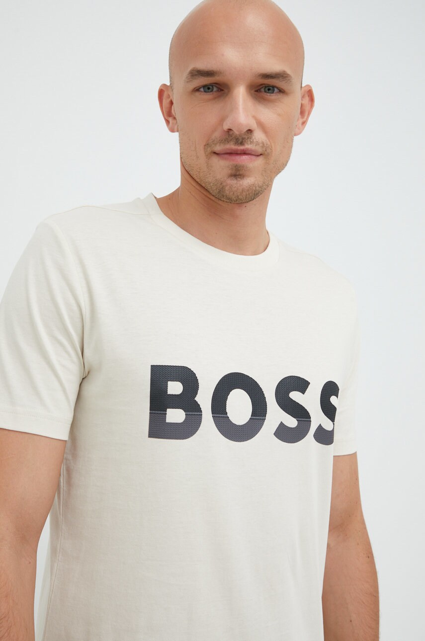 Boss tricou din bumbac boss athleisure culoarea bej, cu imprimeu