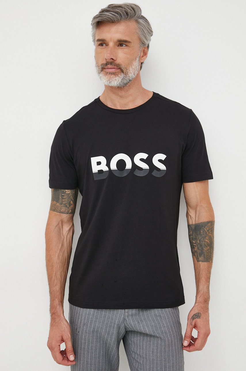 

Памучна тениска BOSS Boss Athleisure в черно с принт, Черен