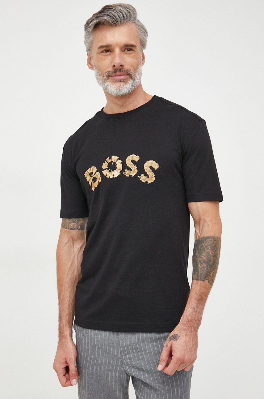 

Памучна тениска BOSS Boss Athleisure в черно с принт, Черен
