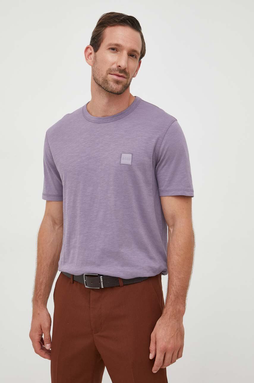 Bavlněné tričko BOSS BOSS CASUAL fialová barva, s aplikací - fialová