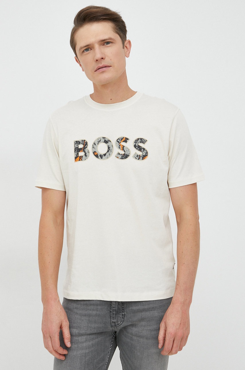 

Памучна тениска BOSS Boss Casual в бежово с принт, Бежов
