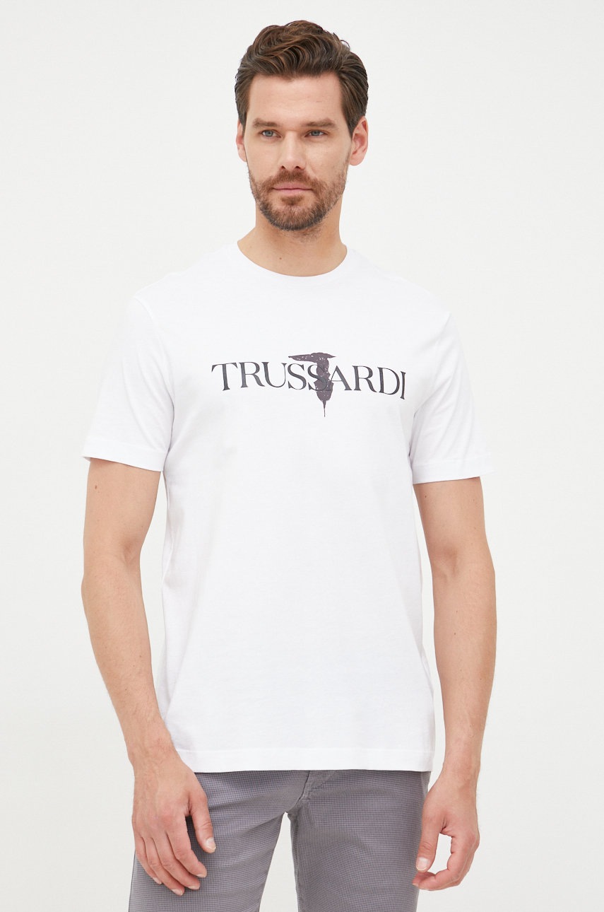 

Памучна тениска Trussardi в бяло с принт, Бял