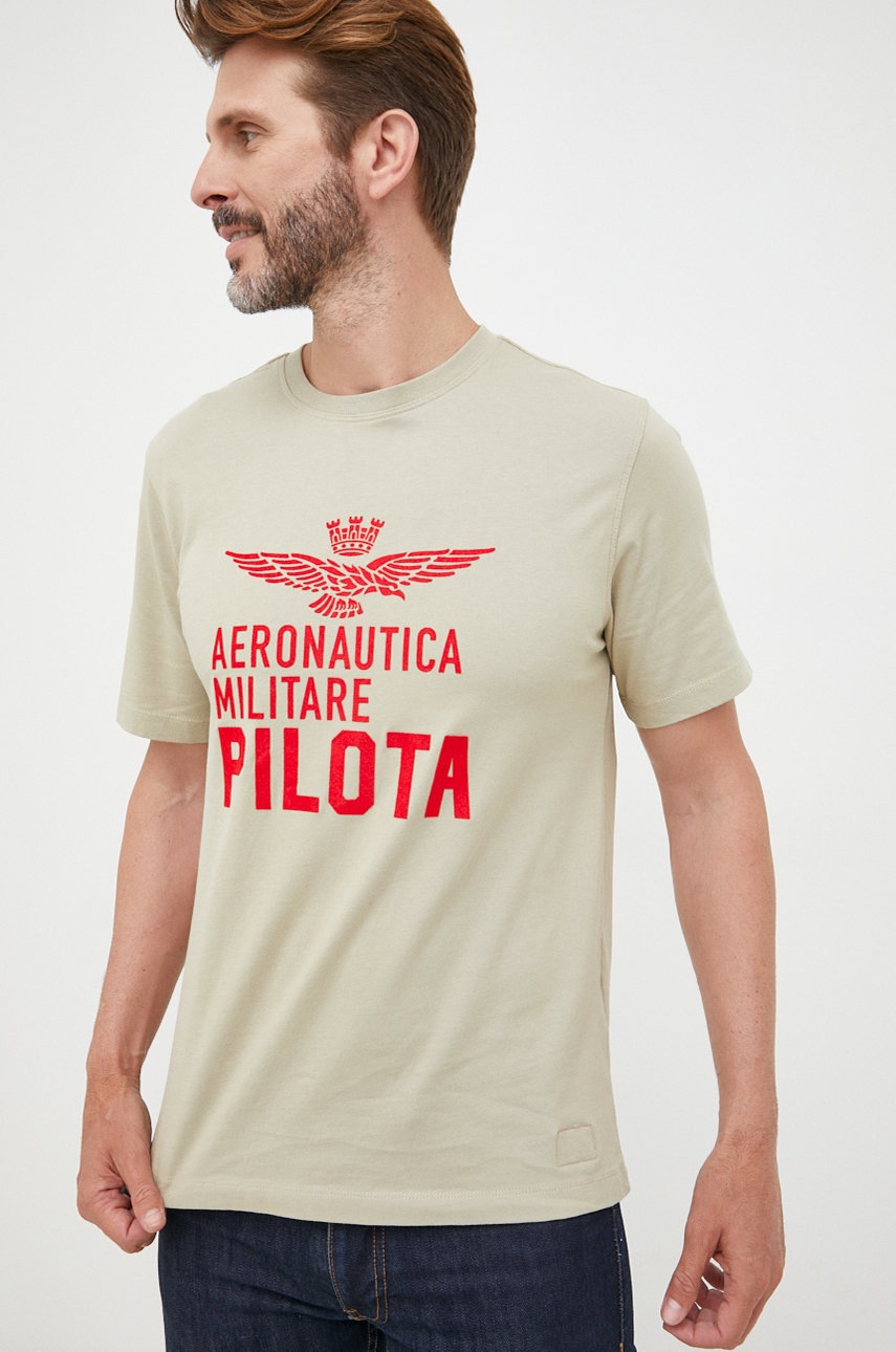 

Памучна тениска Aeronautica Militare в бежово с принт, Бежов