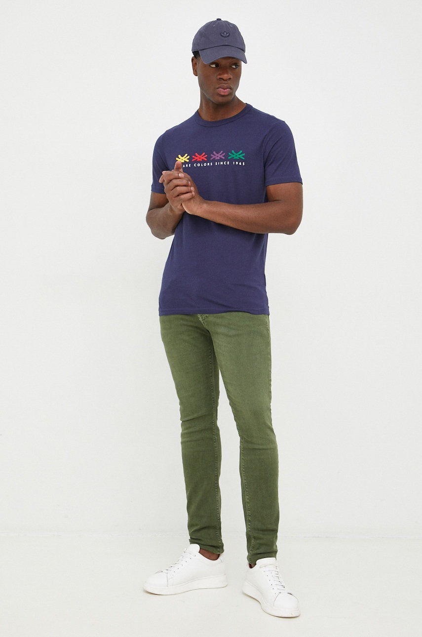 

Хлопковая футболка United Colors of Benetton цвет синий с принтом
