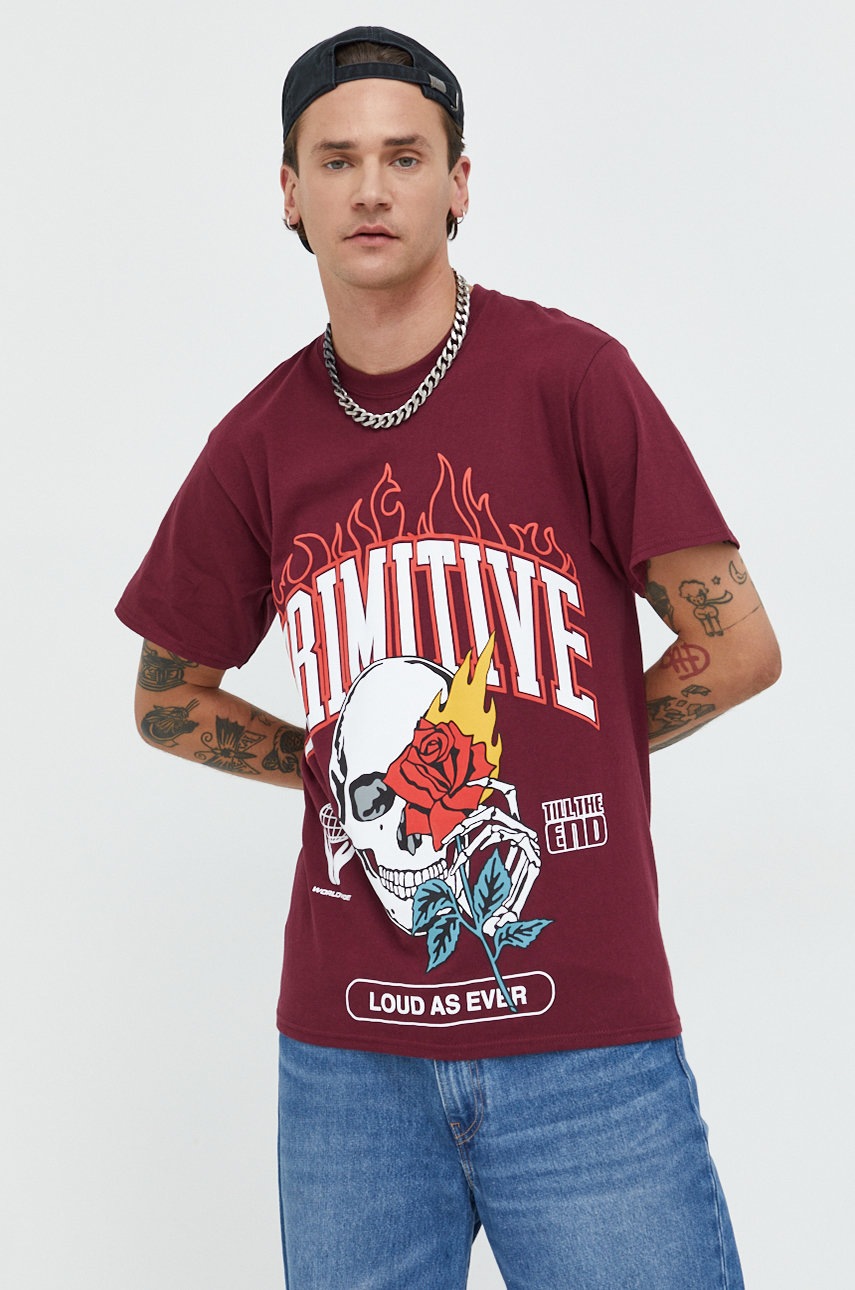 Бавовняна футболка Primitive колір бордовий з принтом 