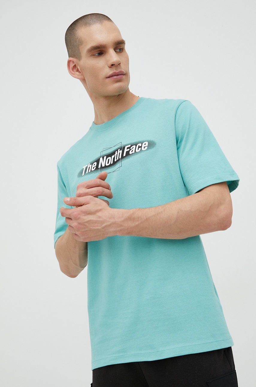 

Памучна тениска The North Face в тюркоазено с принт, Тюркоазен