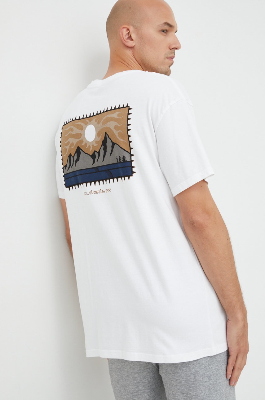 

Памучна тениска Quiksilver в бяло с принт, Бял