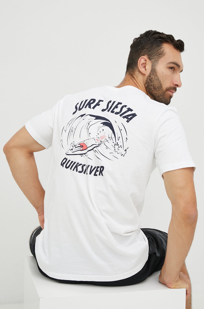 

Памучна тениска Quiksilver в бяло с принт, Бял