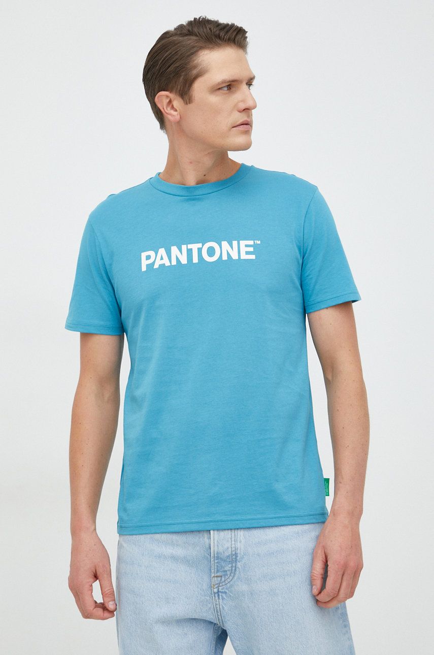 Bavlněné tričko United Colors of Benetton s potiskem - modrá -  100% Bavlna