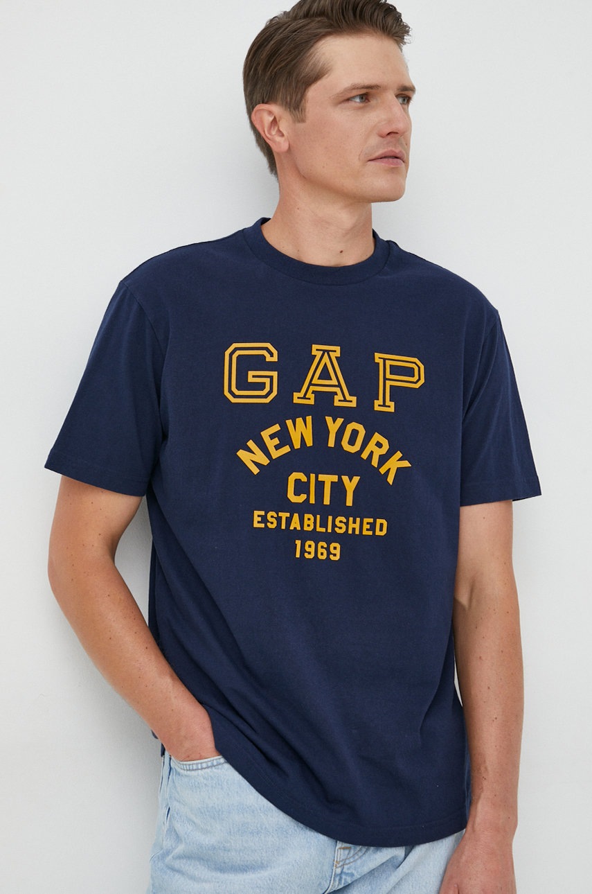 

Памучна тениска GAP в тъмносиньо с принт, Тъмносин