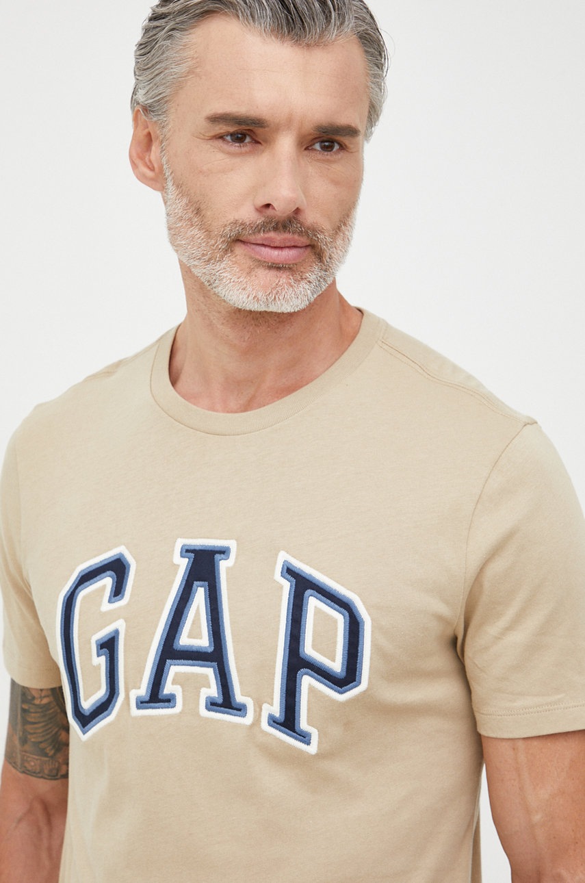 

Памучна тениска GAP в зелено с изчистен дизайн, Бежов