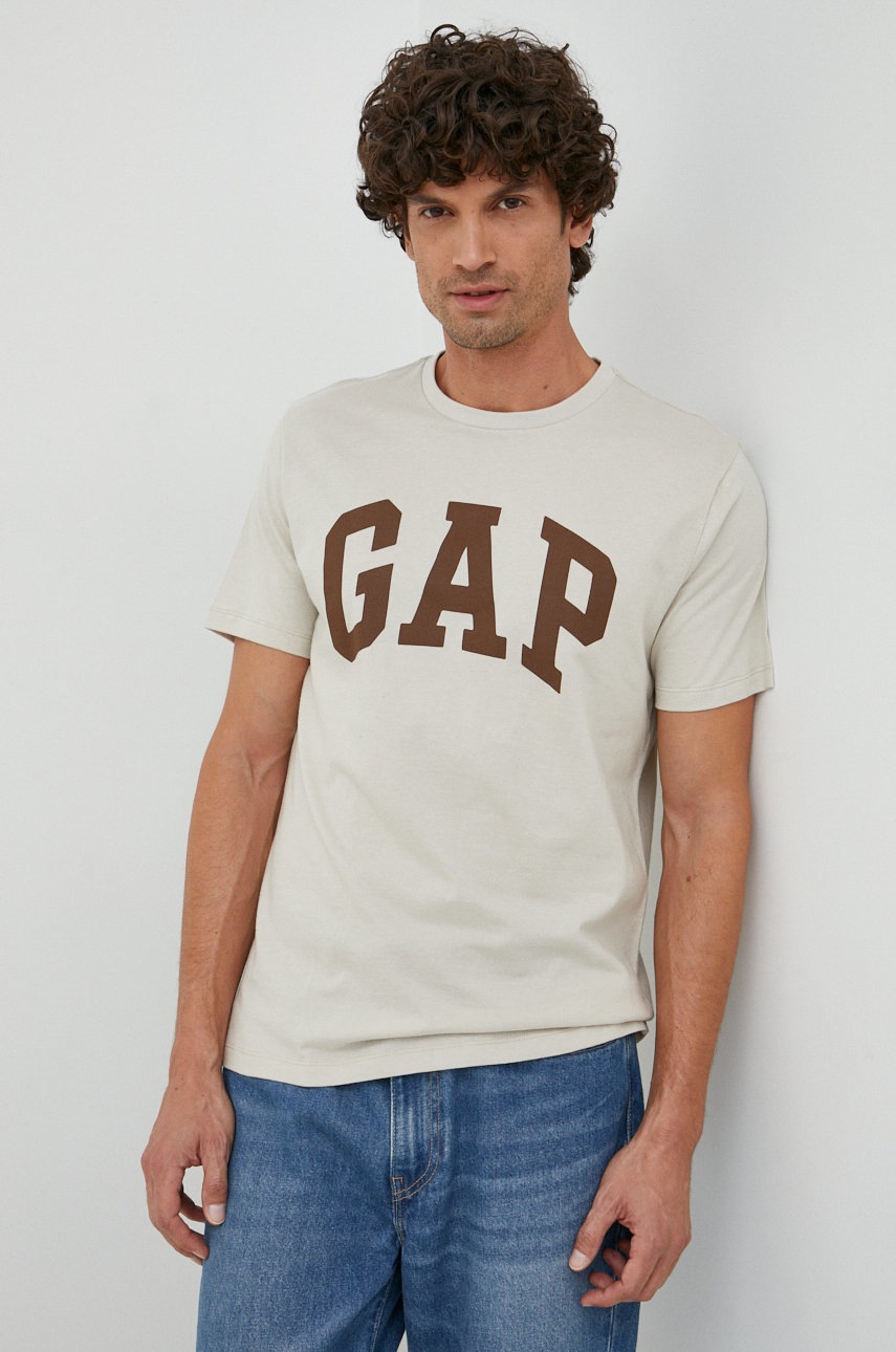 

Памучна тениска GAP в сиво с принт, Сив