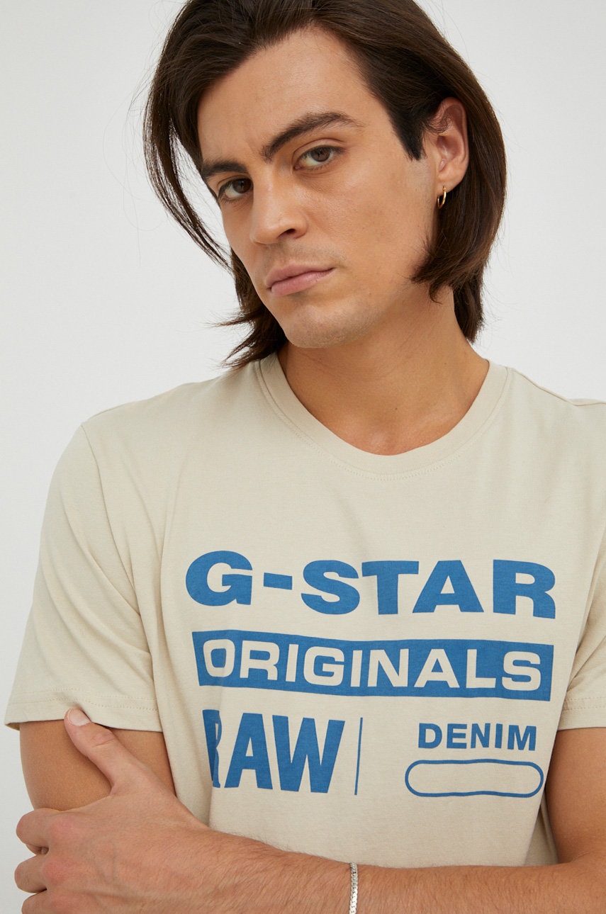 

Хлопковая футболка G-Star Raw цвет бежевый с принтом