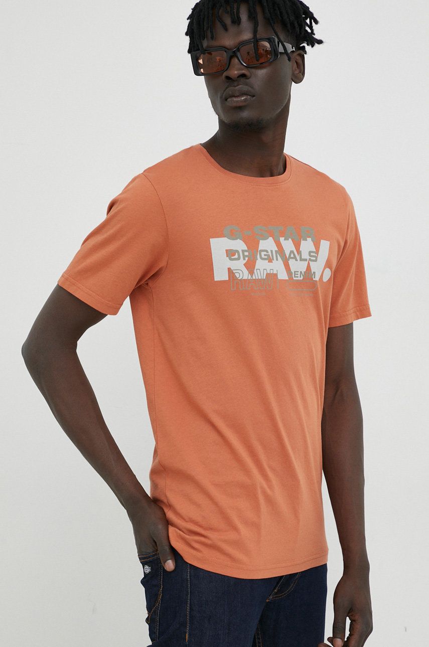 G-Star Raw tricou din bumbac culoarea portocaliu, cu imprimeu