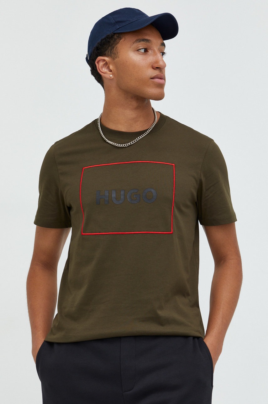 

Памучна тениска HUGO в зелено с принт, Зелен