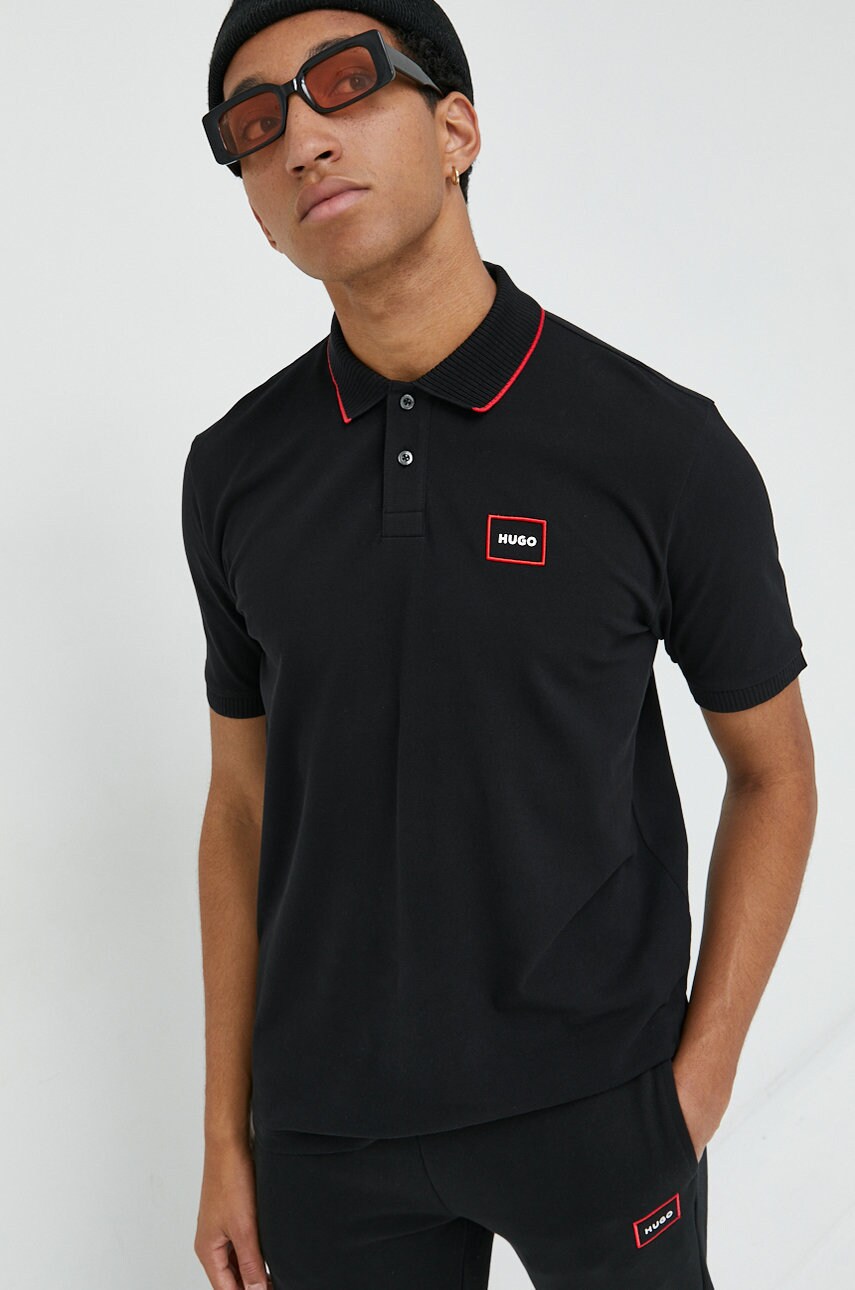 Hugo polo de bumbac culoarea negru, cu imprimeu