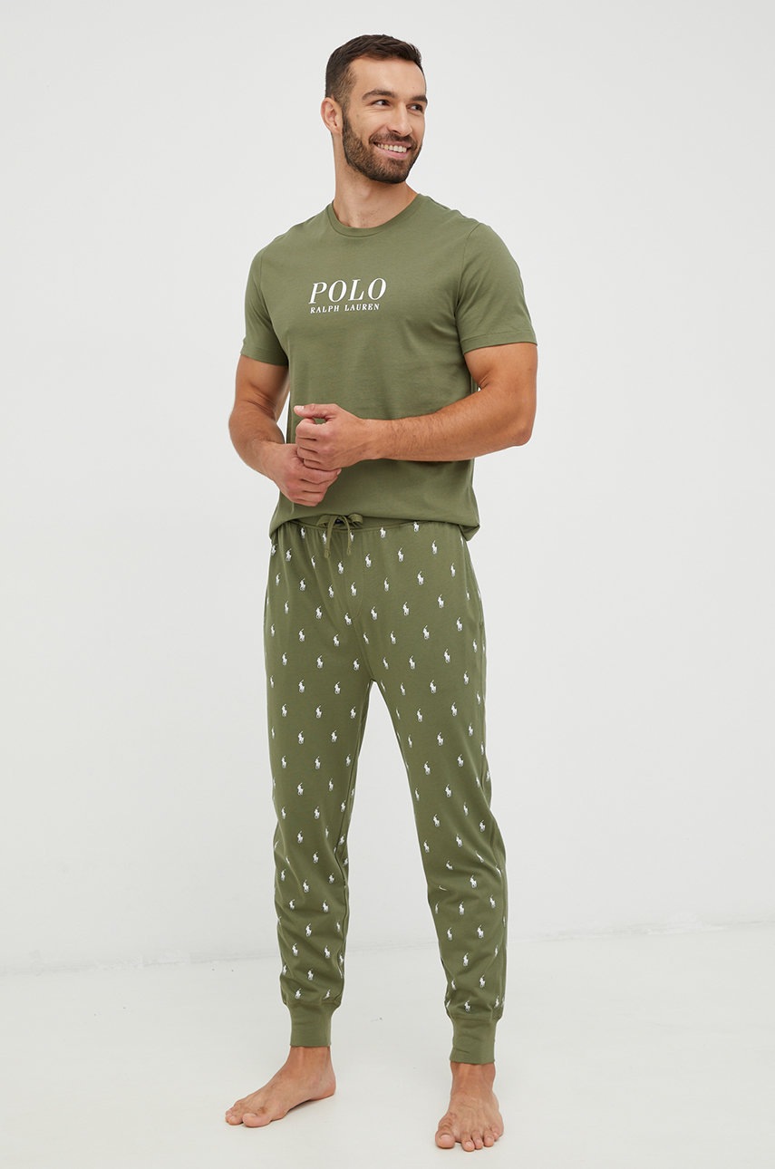 

Хлопковая пижамная футболка Polo Ralph Lauren цвет зелёный с принтом