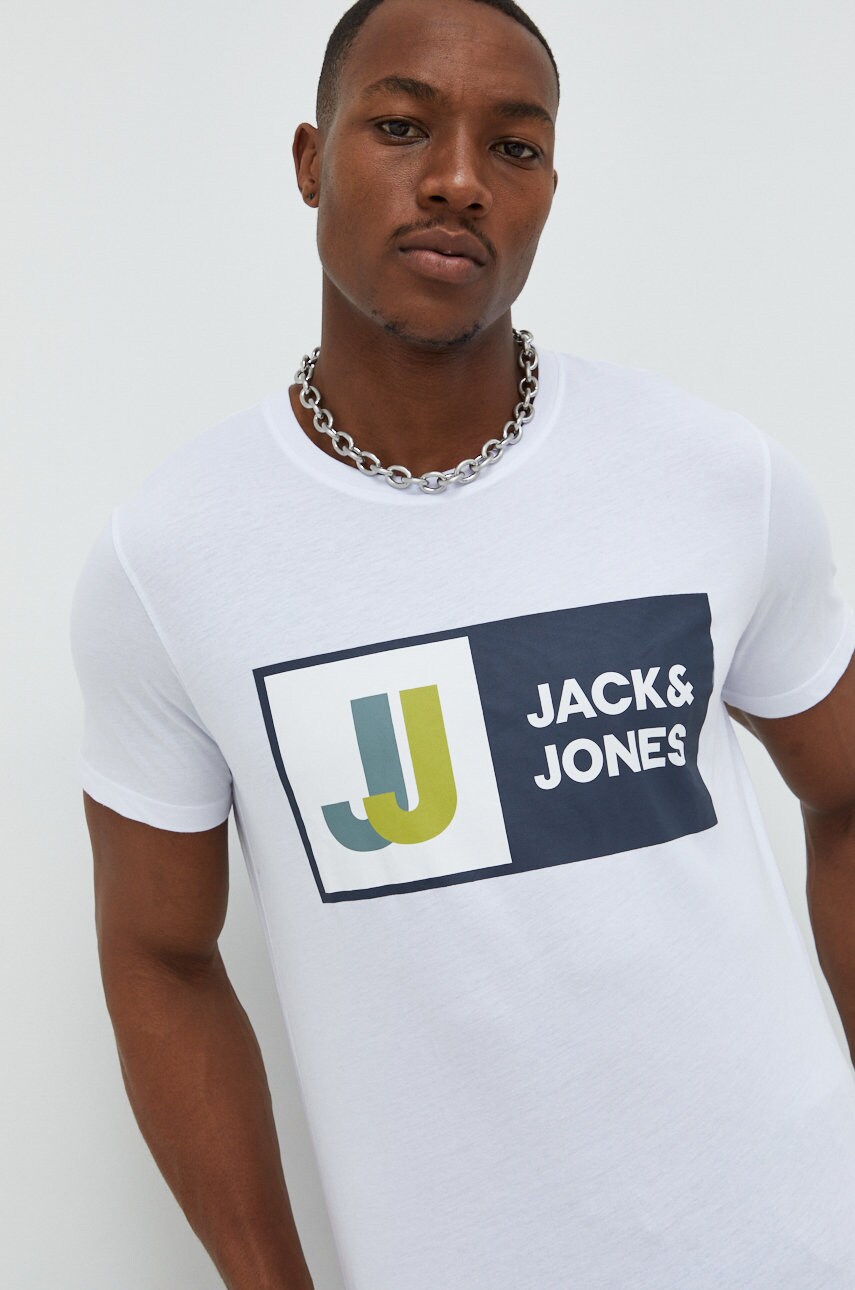 Jack & jones tricou din bumbac jcologan culoarea alb, cu imprimeu