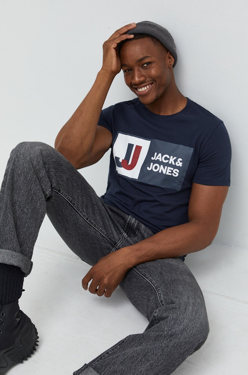 Jack & jones tricou din bumbac jcologan culoarea albastru marin, cu imprimeu