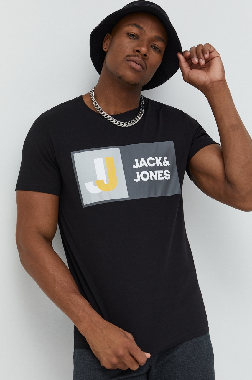 Jack & jones tricou din bumbac jcologan culoarea negru, cu imprimeu