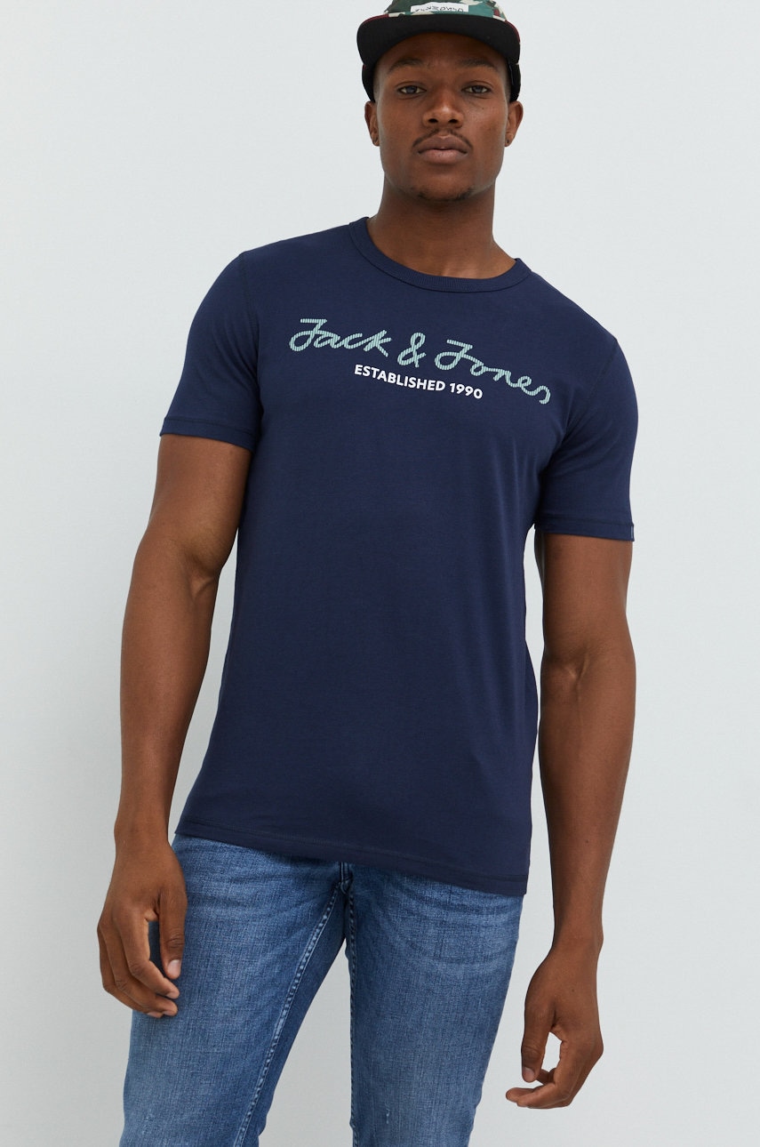 Jack & jones tricou din bumbac jcoberg culoarea albastru marin, cu imprimeu