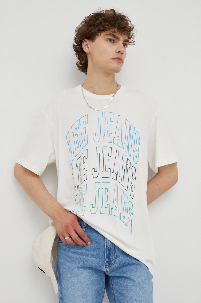 Bavlněné tričko Lee béžová barva, s potiskem - béžová -  100% Bavlna