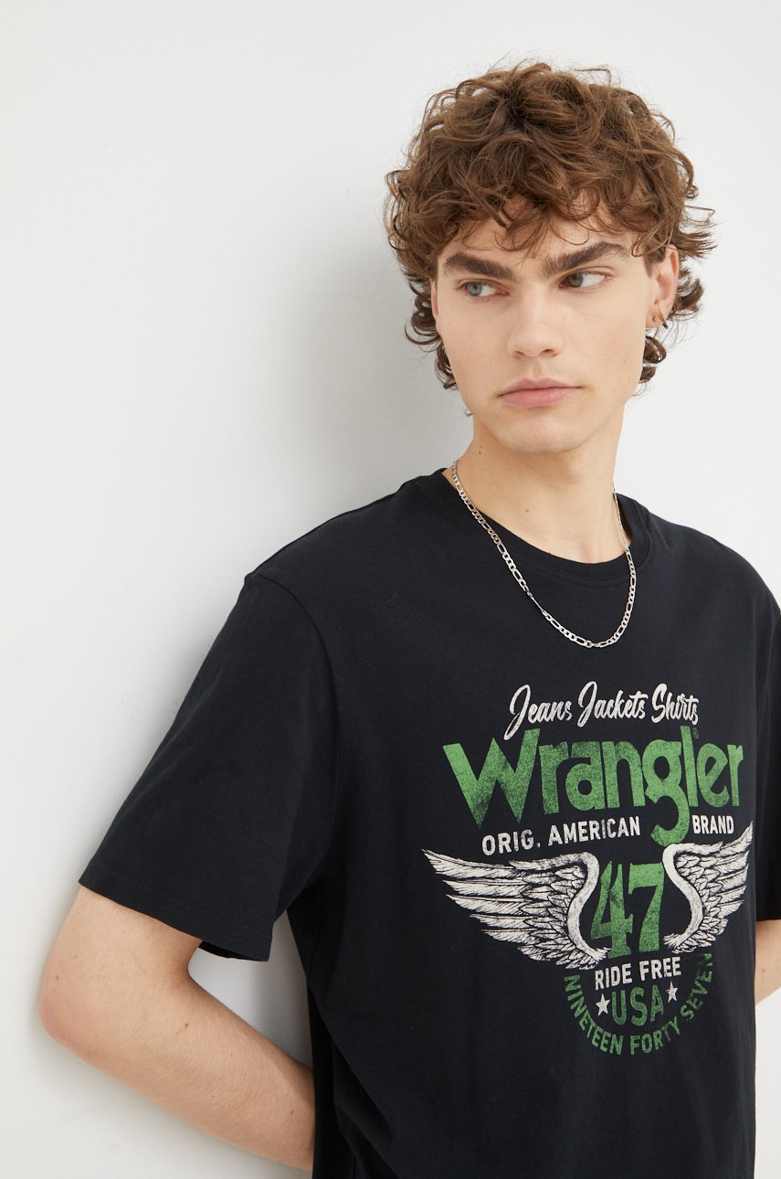 

Памучна тениска Wrangler в черно с принт, Черен