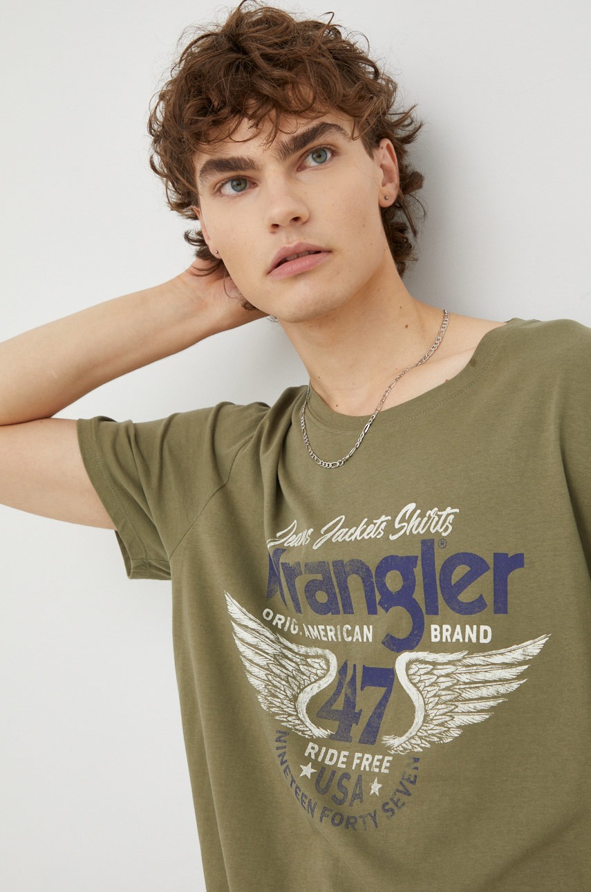 

Памучна тениска Wrangler в зелено с принт, Зелен