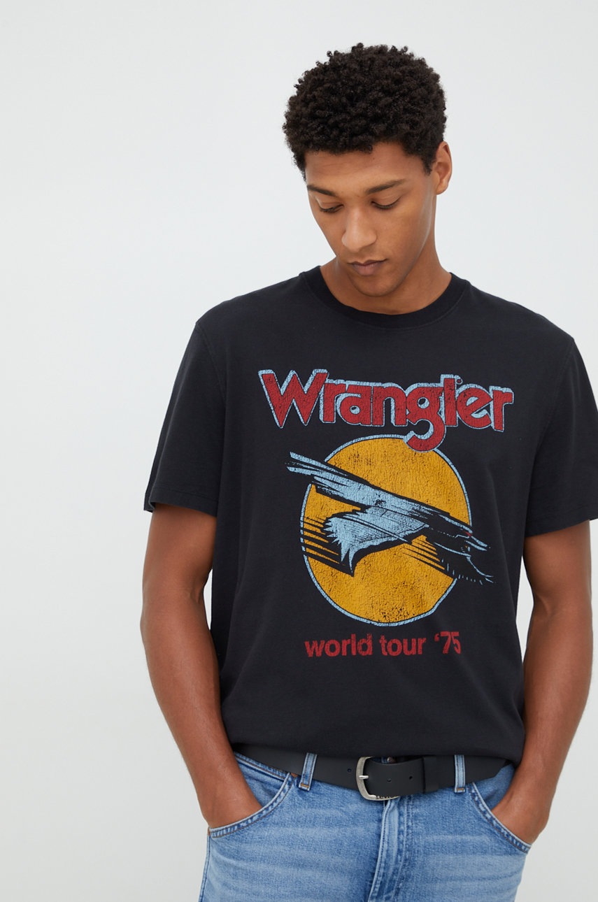 

Памучна тениска Wrangler в черно с принт, Черен