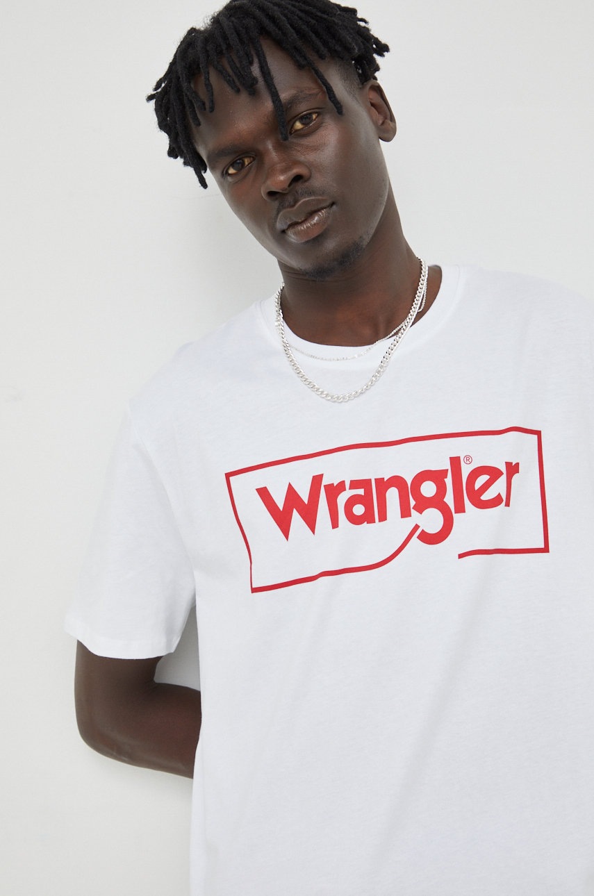 

Памучна тениска Wrangler в бяло с принт, Бял