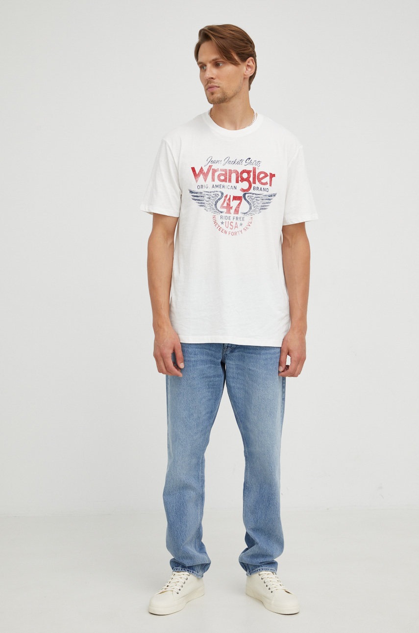 

Памучна тениска Wrangler в бяло с принт, Бял