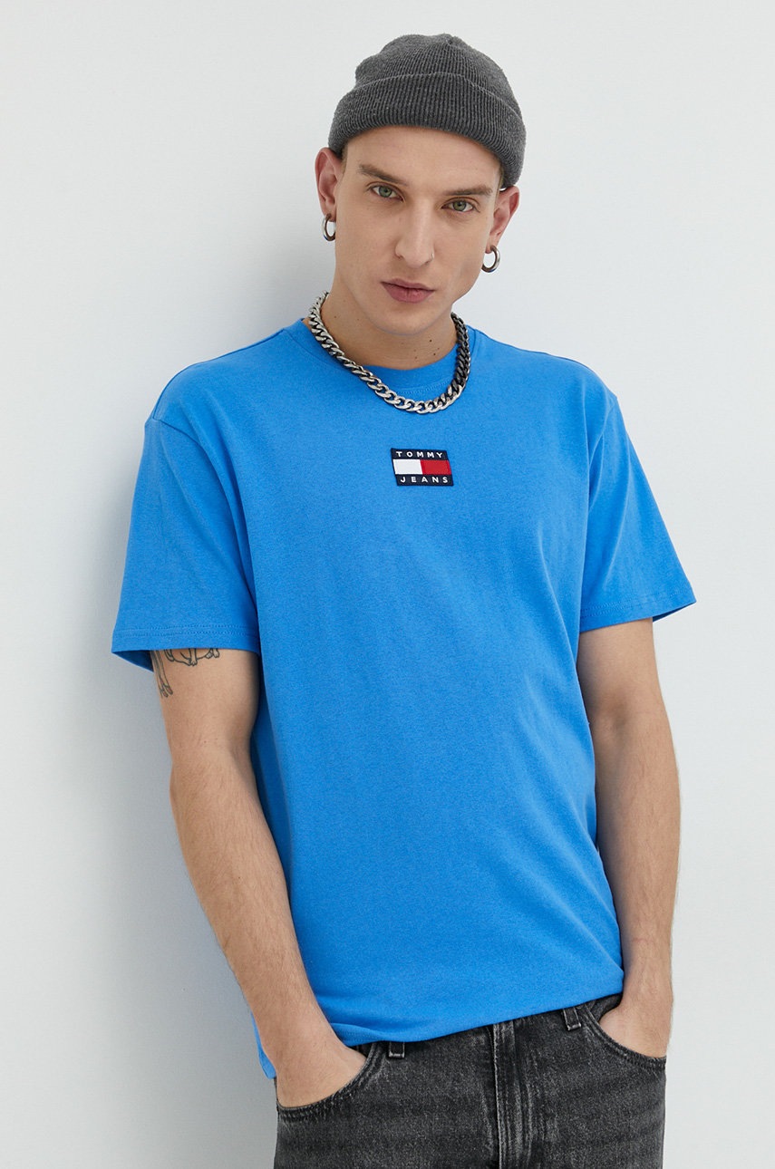 

Памучна тениска Tommy Jeans с апликация, Син