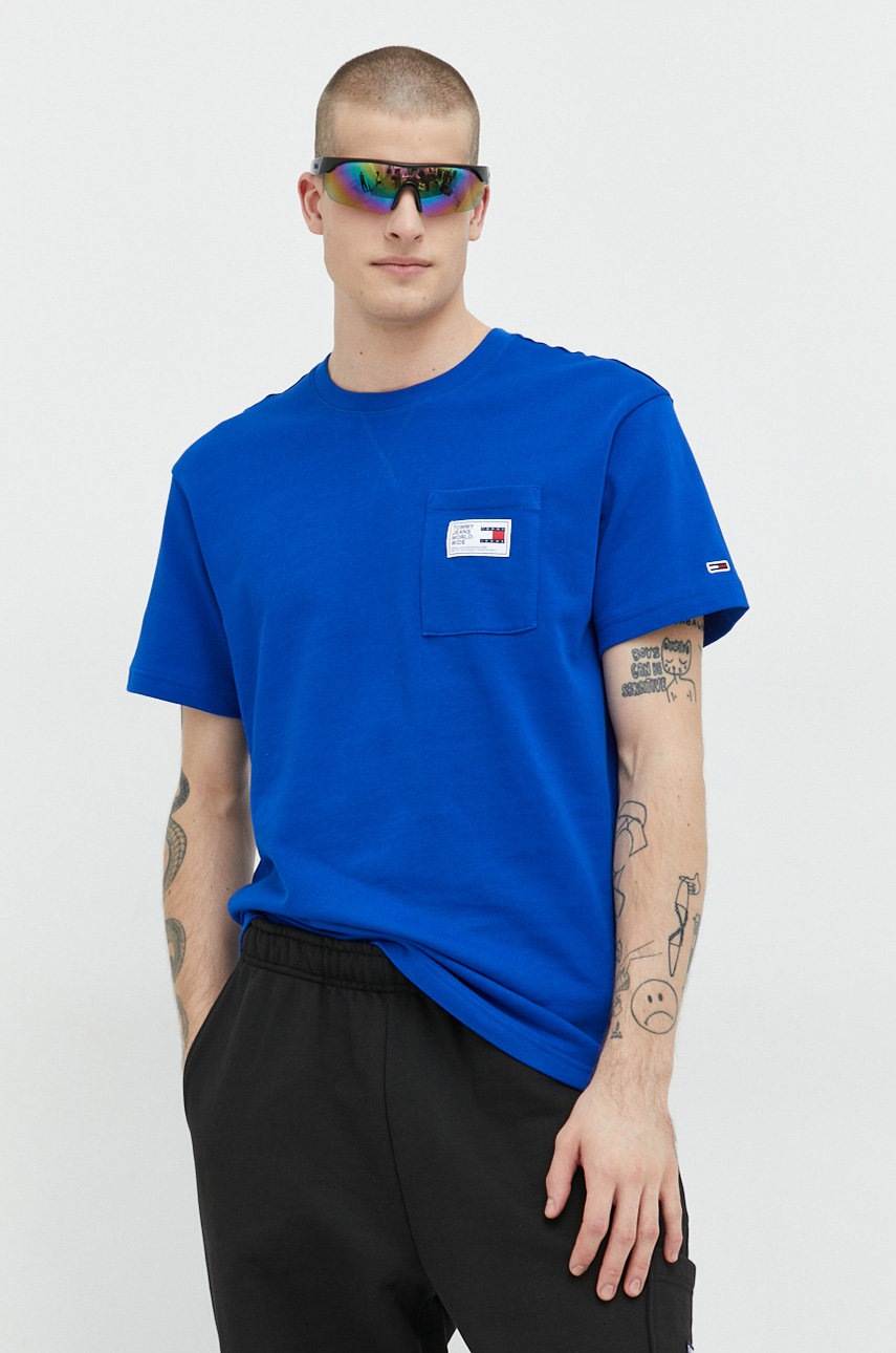 

Памучна тениска Tommy Jeans с апликация, Син