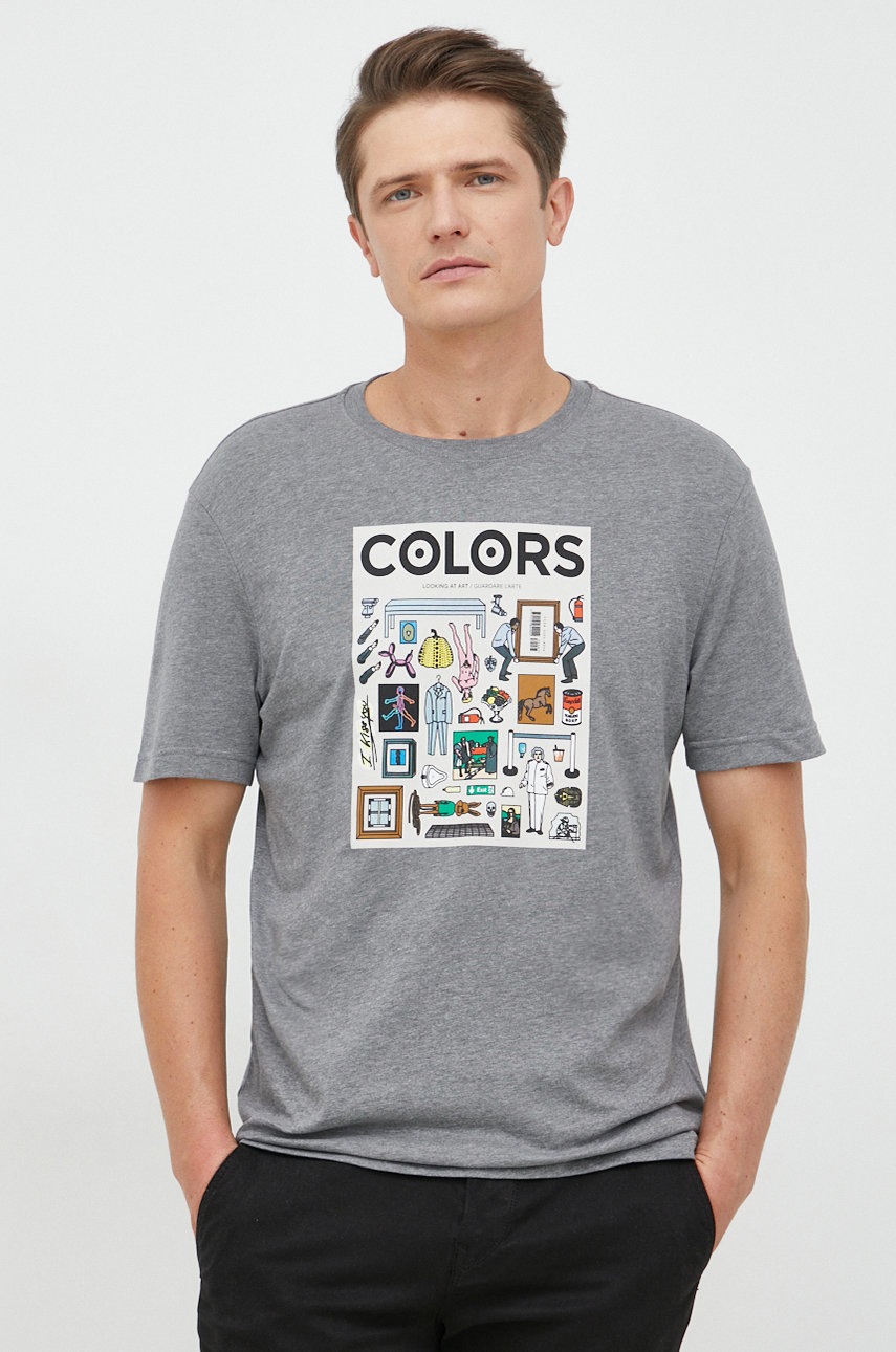

Памучна тениска United Colors of Benetton в сиво с принт, Сив