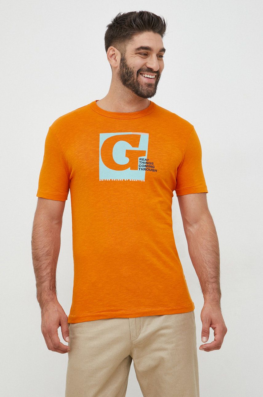 Bavlněné tričko United Colors of Benetton oranžová barva, s potiskem - oranžová -  100% Bavlna