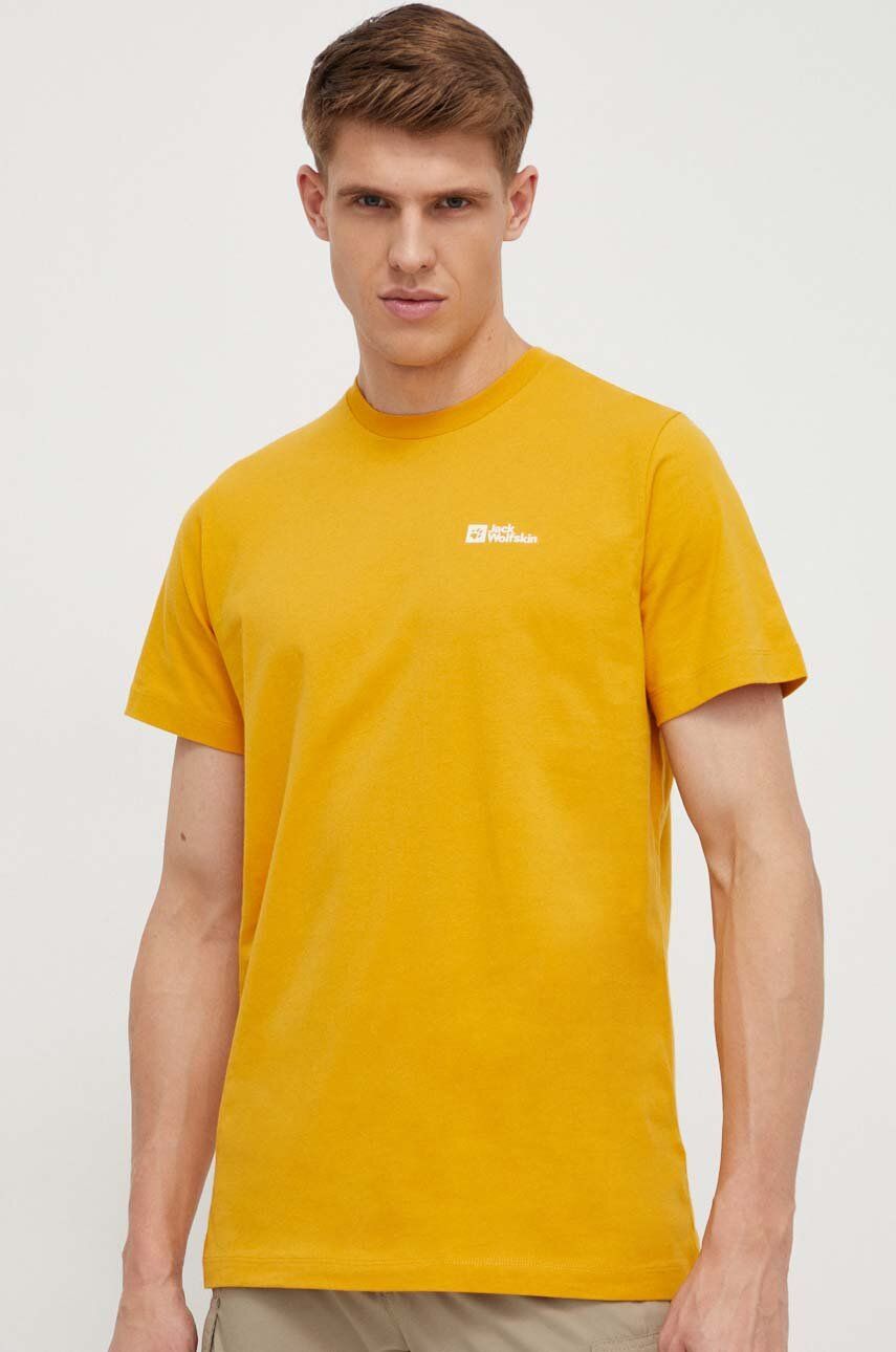 Levně Bavlněné tričko Jack Wolfskin žlutá barva, 1808382
